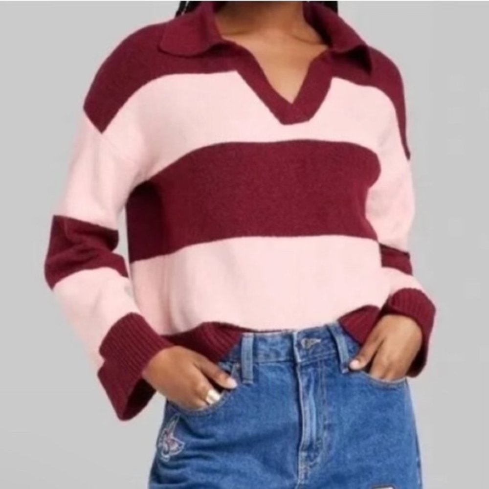 Wild Fable Woman's Slouchy Collared Striped Pullover Cropped Sweater